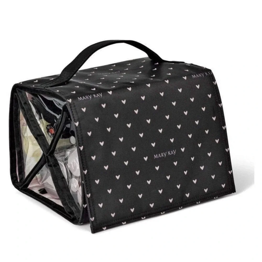 Mary Kay Travel Roll Up Bag Black Pink Heart Print Cosmetic Organizer New
